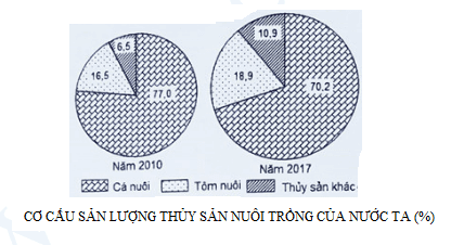 Hình ảnh minh họa cho câu hỏi: Câu 15:Cho biểu đồ:Theo biểu đồ, nhận xét nào sau đây đúng về sự thay đổi tỉ trọng trong cơ cấu sản lượng thủy sản nuôi trồng của nước ta năm 2017 so với năm 2010? 